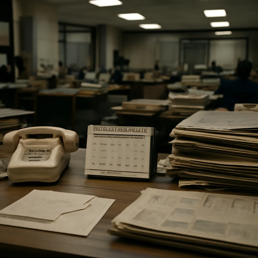 A 1990s newsroom scene with newspapers and a telephone on a cluttered desk, evoking media coverage of a high-profile 1995 case about contested memories.