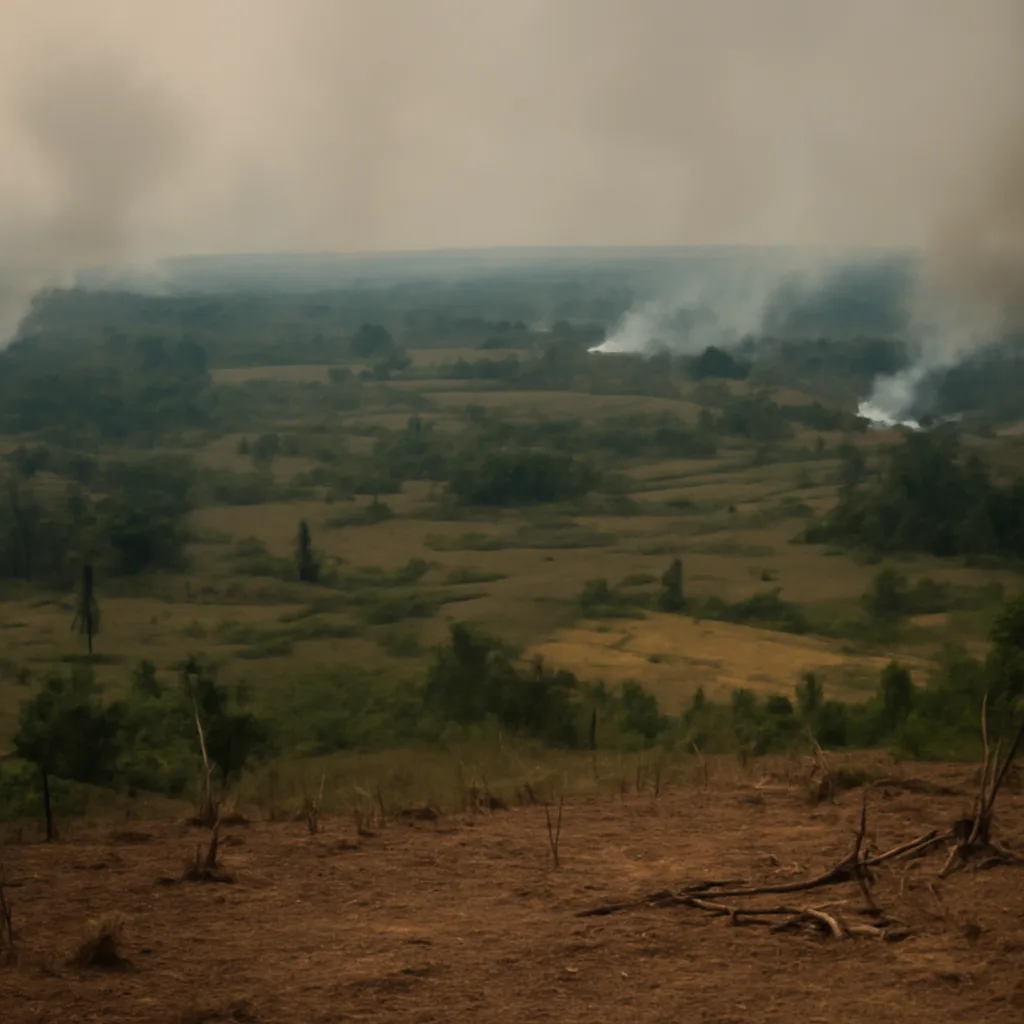 Smoke plumes rising over a patchwork of cleared fields and remaining forest in the Brazilian Amazon during a dry season, viewed from a high vantage with no identifiable faces.