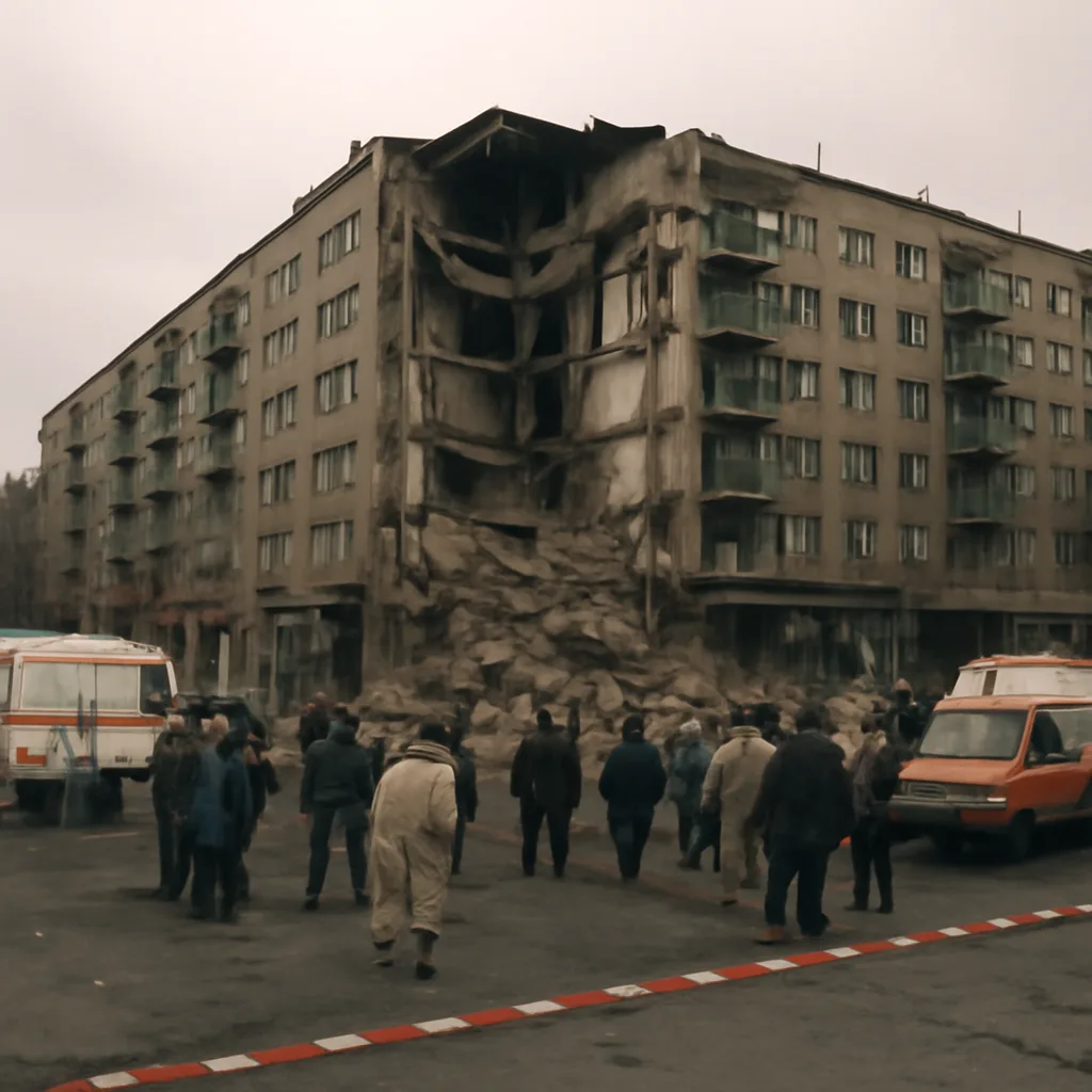 Damaged multi-story apartment building with rubble in front, emergency responders and residents on site, late-1990s Russian city street scene.