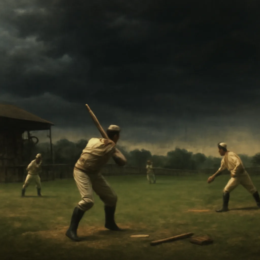 Late 19th-century baseball game in an open field with players in period uniforms and dark storm clouds approaching; spectators stand near the field under umbrellas.
