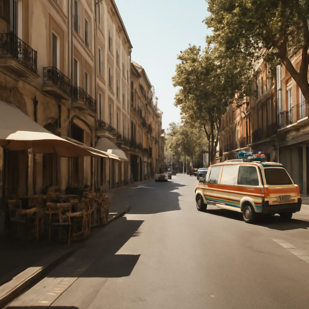 Urban street in a European city during a 2003 summer heat wave: empty sidewalk cafes under bright sun, closed shop shutters, and a parked city ambulance; older buildings and sparse shade visible.