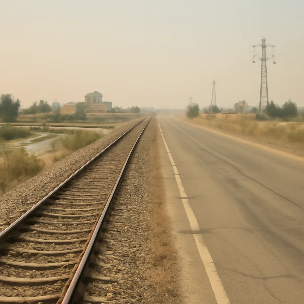 Long-distance European railway tracks and asphalt road bowed and deformed under intense summer sun near a low river; distant utility pylons and a water treatment facility visible under hazy, hot sky.