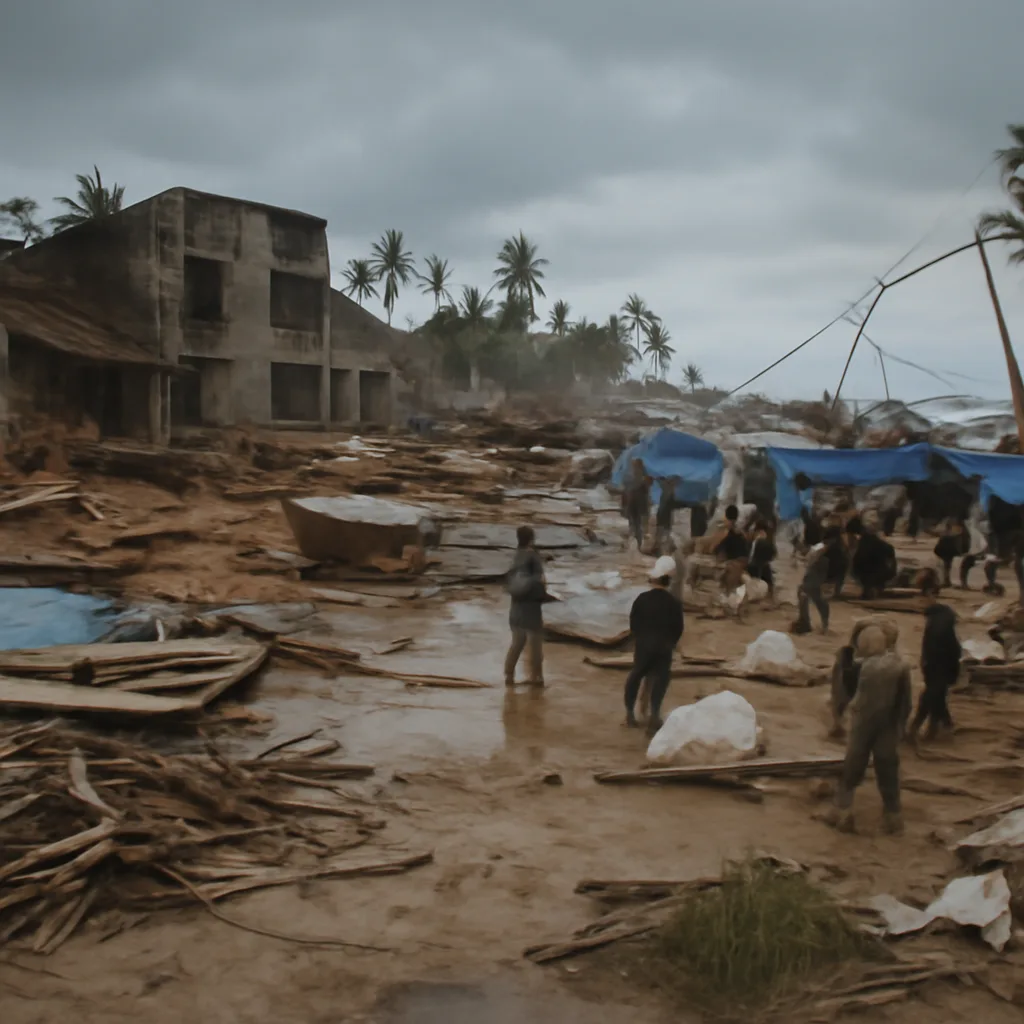 Coastal area after a tsunami showing devastated shoreline with collapsed buildings, scattered debris, flooded streets and stunned survivors among ruined boats and vegetation.