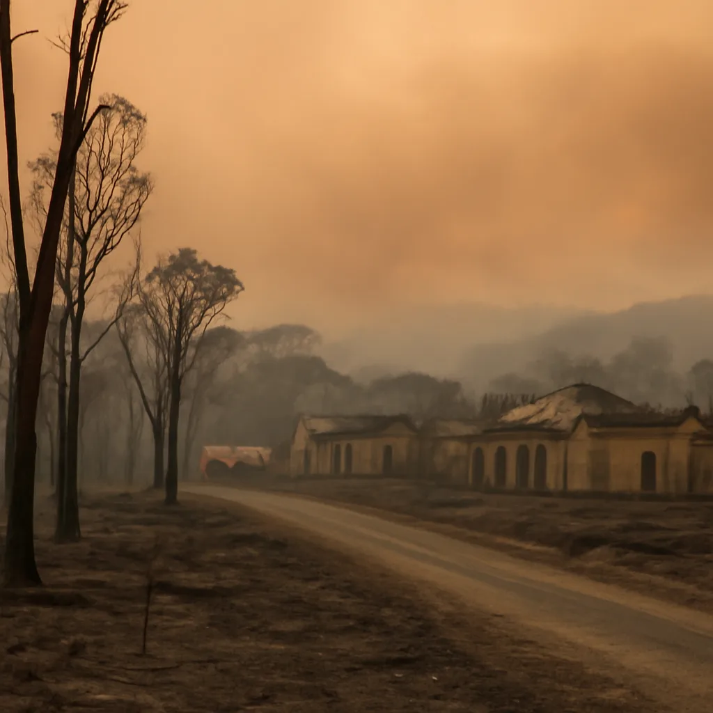 Barren, fire-scorched landscape with smoldering tree trunks and ash-covered ground near a rural community; thick smoke haze obscures the distance.