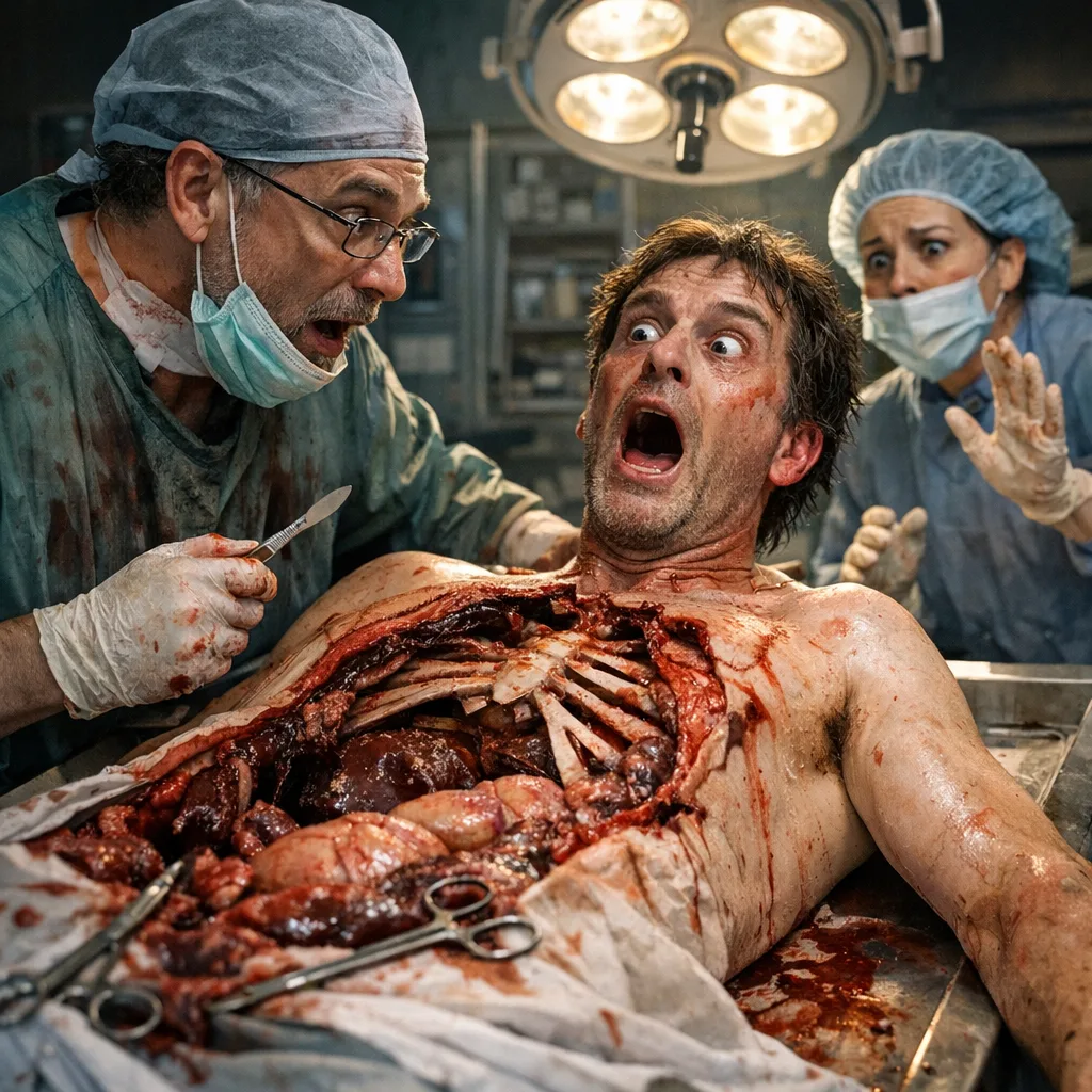 Autopsy room in a public hospital with medical staff stopping a procedure and moving a patient on a gurney; clinical equipment and tiled walls visible, no identifiable faces.