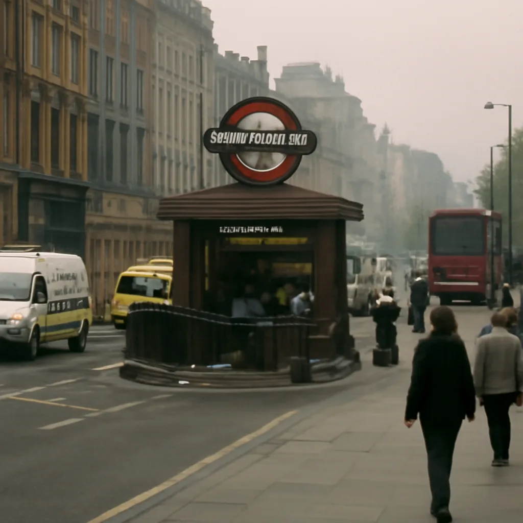 Crowded London morning near a Tube station entrance with emergency vehicles and responders; closed station entrances and commuters standing at a distance.