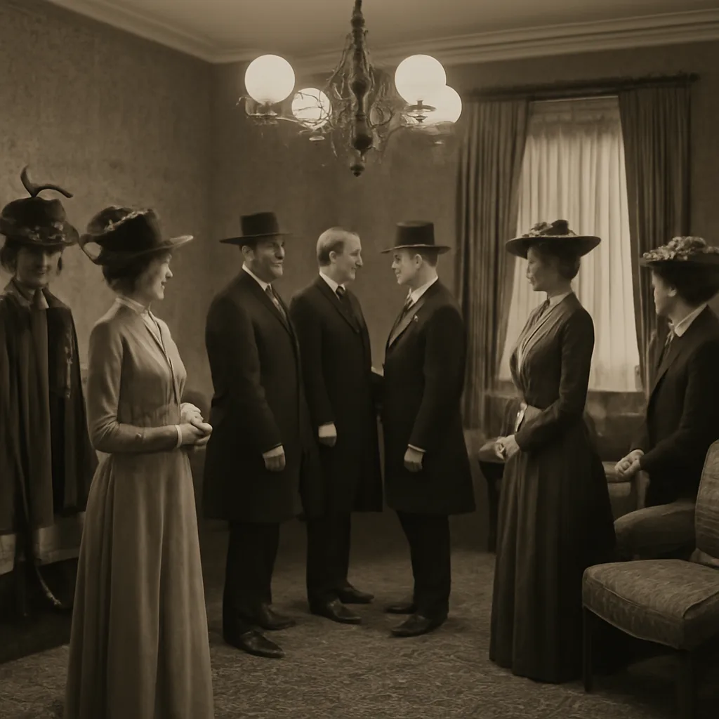A 1910 parlor scene with well-dressed men and women exchanging introductions; period furnishings, gaslight chandelier, and a visiting woman standing by a coat rack—no identifiable faces.