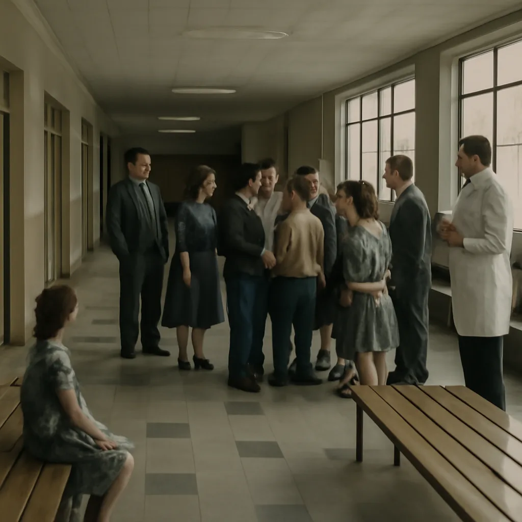 A 1960s-era school corridor with students gathered in groups, some seated on benches, a teacher and a medical professional speaking to a small cluster—no identifiable faces.