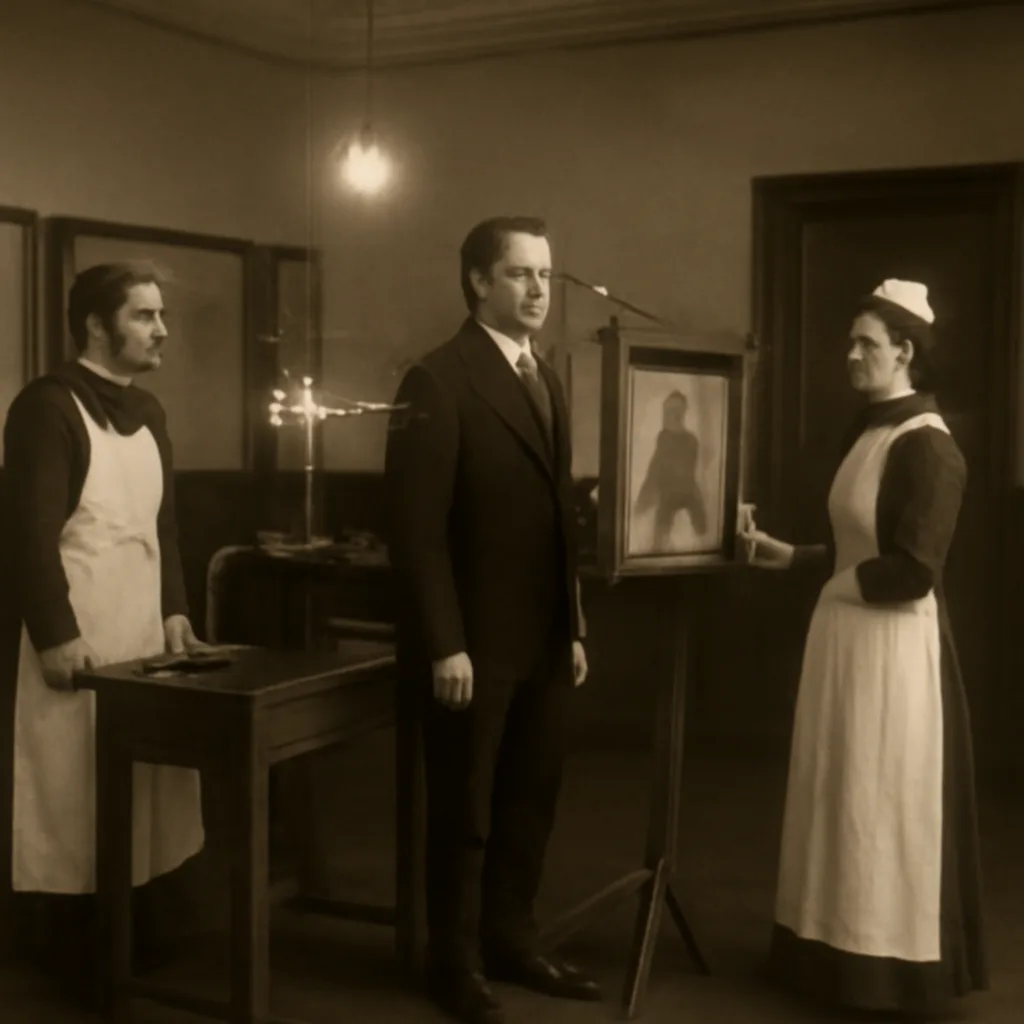 Late 19th-century lecture hall or hospital room showing an X-ray apparatus with a glass discharge tube, induction coil, and a patient positioned between the tube and a photographic plate; attendants in period medical clothing observe.