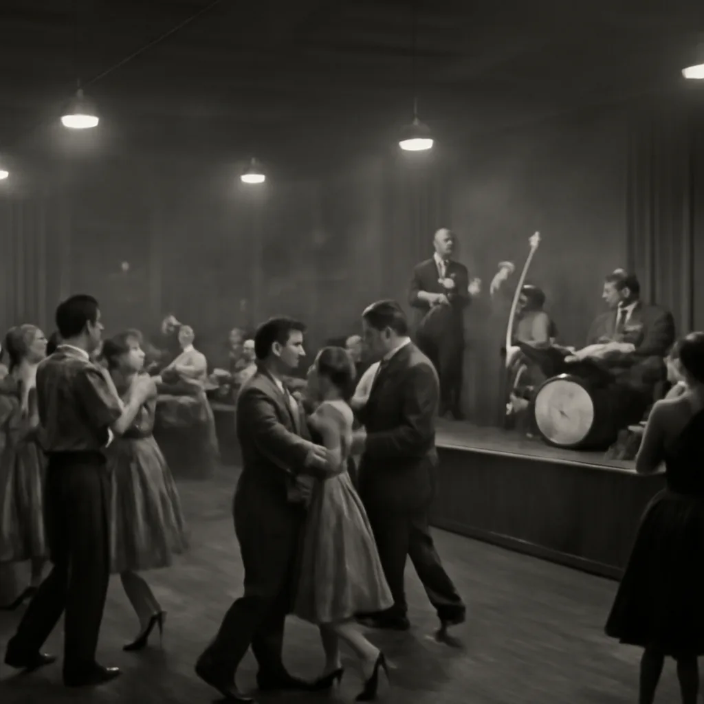 A mid-1950s dance hall interior with a small amplified combo—electric guitar, upright bass, piano and drums—playing to a mixed crowd on a wooden dance floor, period clothing typical of the era; grainy, high-contrast black-and-white look.
