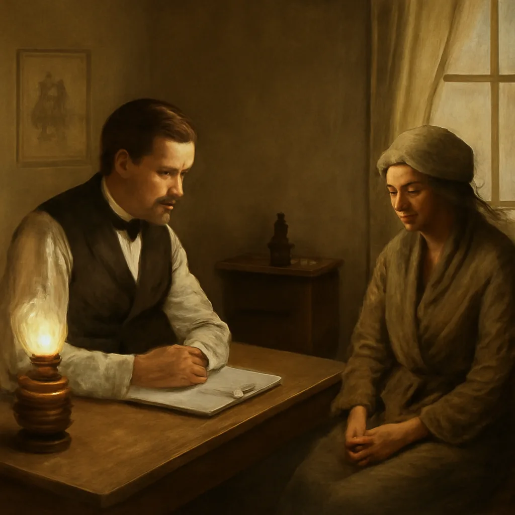 Late 19th-century clinical room with a physician observing a seated adult patient kept awake, oil lamp on a side table, period medical instruments and notebooks visible.