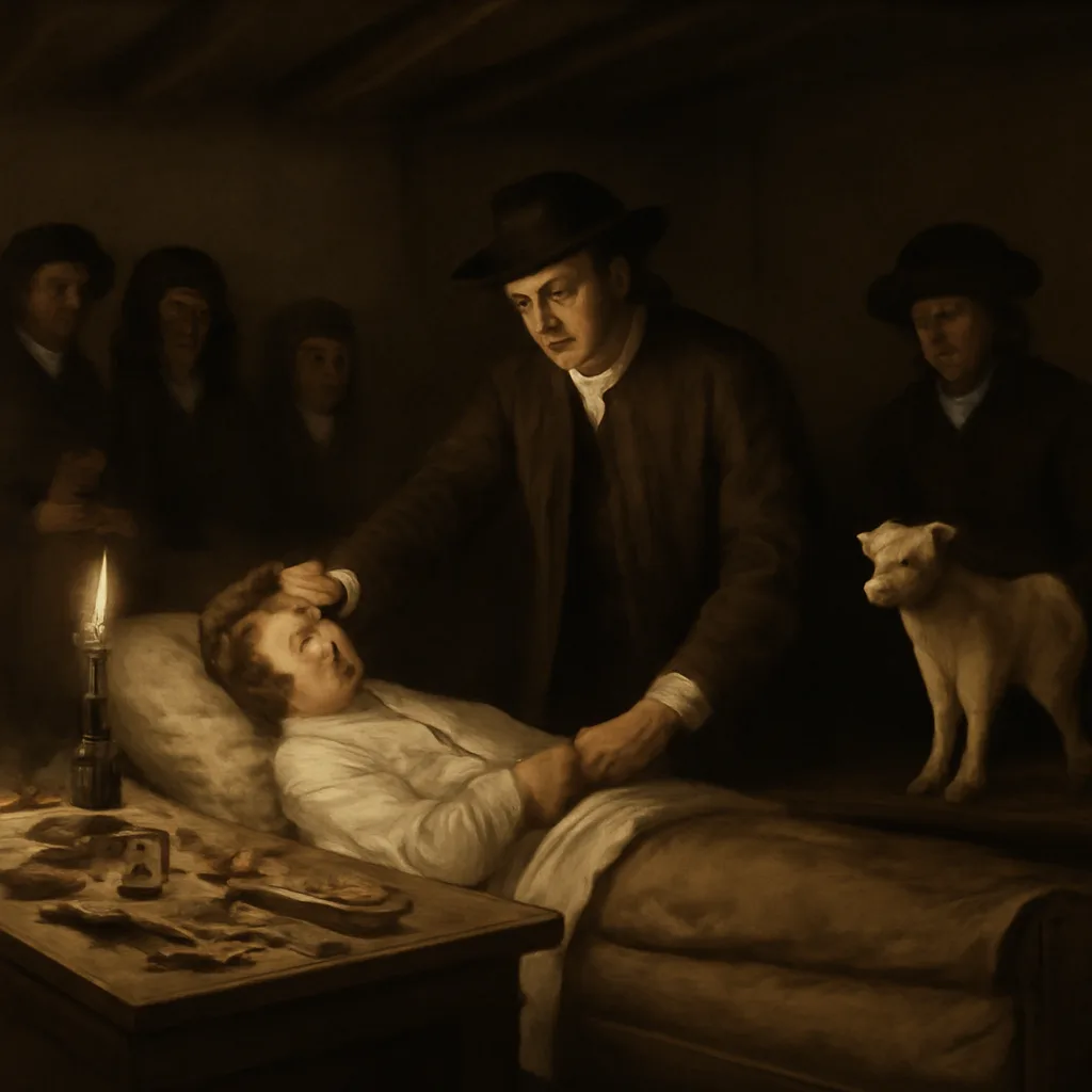 17th-century Parisian interior showing physicians preparing a blood transfusion apparatus with a patient on a simple couch and an attendant holding a lamb; period clothing and medical instruments typical of the 1660s.
