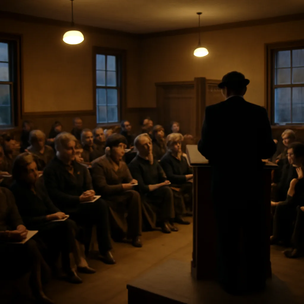 A mid-20th-century public meeting in a modest hall, with a group of people listening to a speaker at a small raised platform; documents and period clothing suggest early 1950s setting.