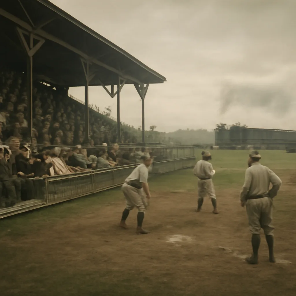 Early 20th-century baseball diamond with players in wool uniforms standing near home plate, a steam locomotive and passenger cars visible in the distance under overcast sky.