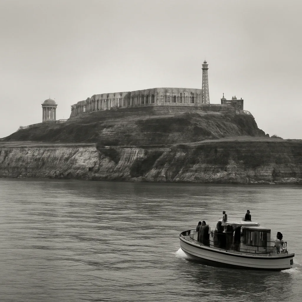 Exterior view of Alcatraz Island and the Alcatraz Federal Penitentiary buildings on a grey January day, with a small ferry or launch approaching the dock and the San Francisco skyline faint in the background.