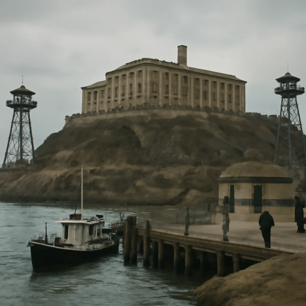 Exterior view of Alcatraz Island prison buildings and dock in the 1930s-1940s era, showing austere cellhouse and rocky shoreline under overcast sky.