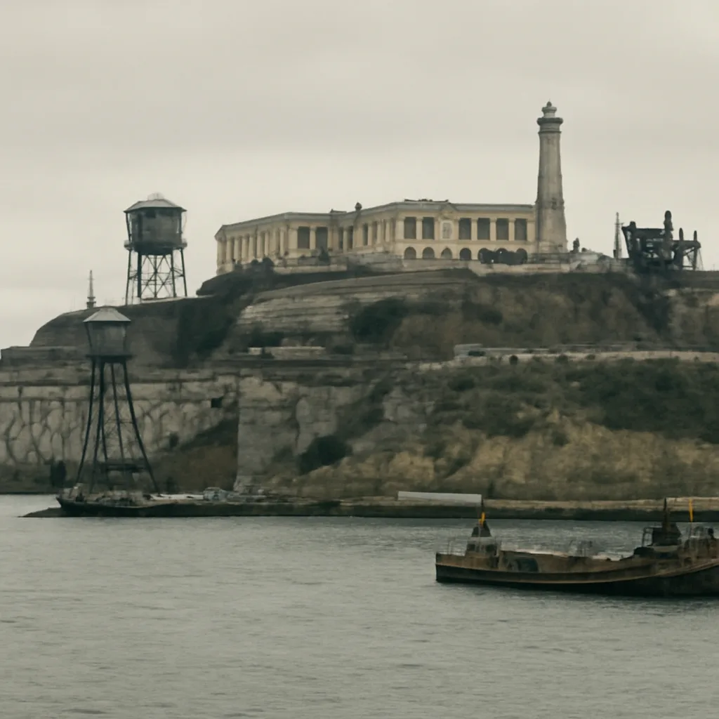 Alcatraz Island in San Francisco Bay, showing the vacant federal penitentiary buildings and surrounding waters, circa early 1960s.