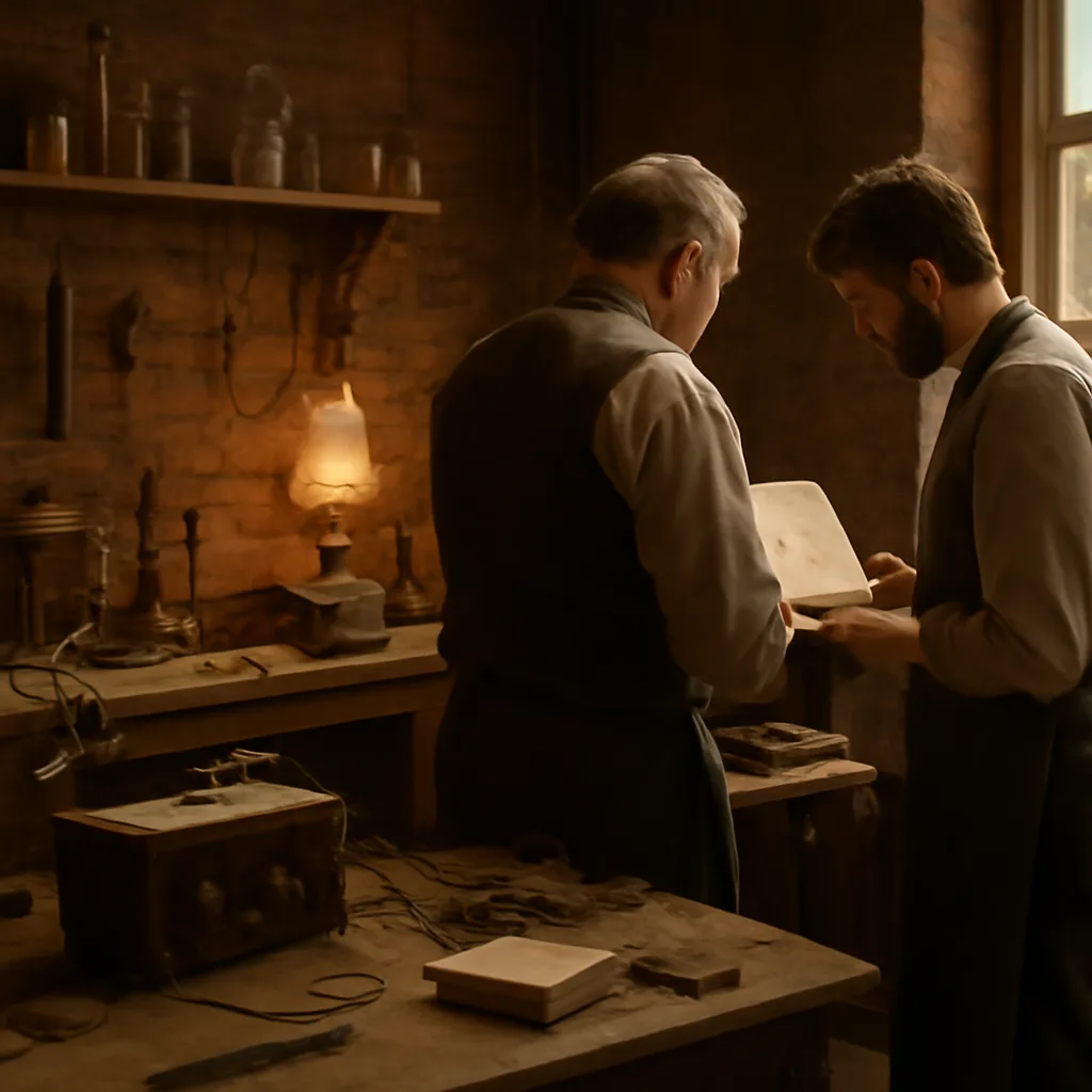 Late 19th-century workshop interior with a wooden table holding early telephone apparatus (diaphragm transmitter, wires, and receiver), two men in period clothing working at devices; paper, tools, and glass bottles on shelves behind.