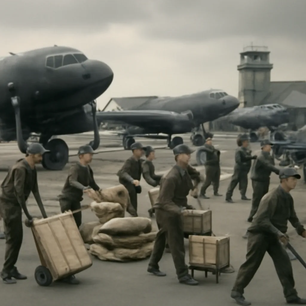 Allied transport aircraft parked and being loaded at a Berlin airfield in 1948, with stacked crates of food and coal and uniformed ground crews preparing flights.