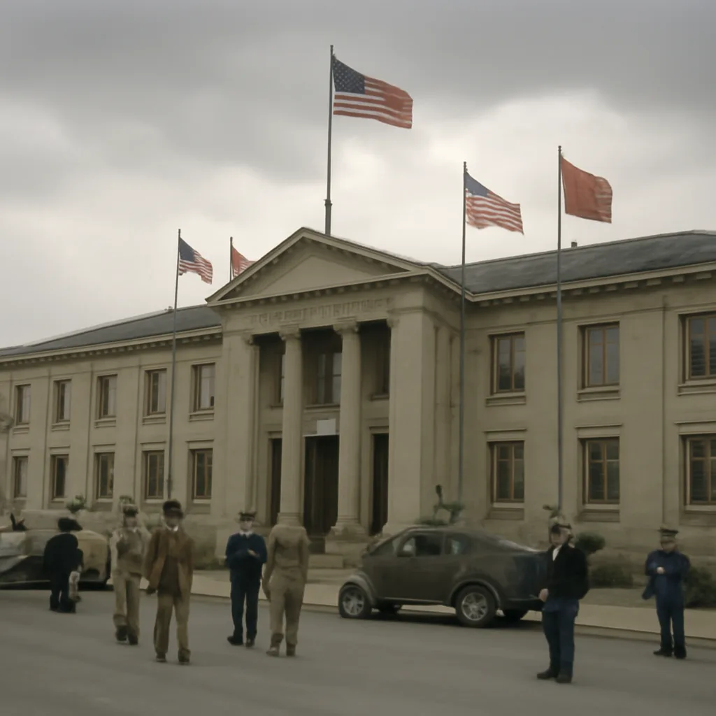 Exterior view of the wartime-era government compound in Tokyo adapted for the International Military Tribunal for the Far East, circa 1946: a low-rise official building with Allied flags and soldiers nearby.