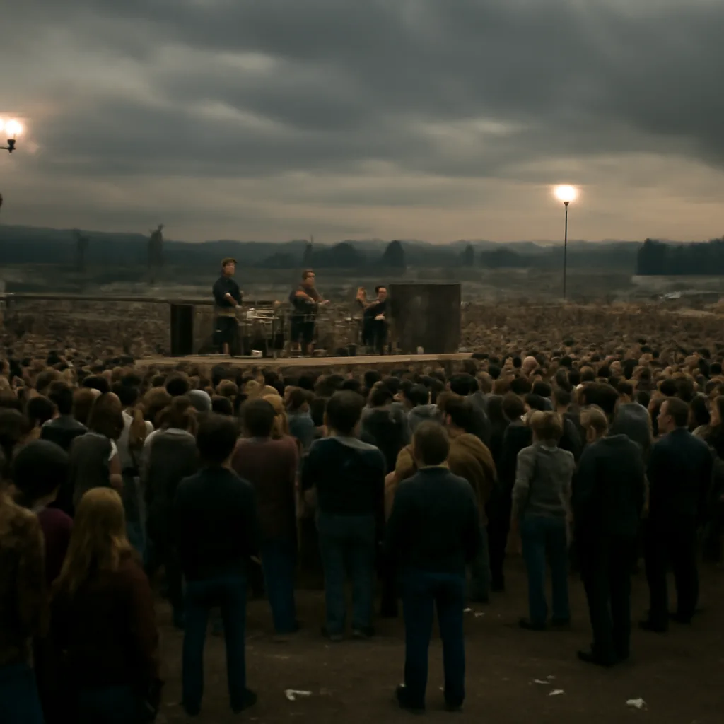Crowded outdoor concert at a racetrack in 1969 dusk, people gathered near a low stage with visible security figures and scattered debris under overcast sky.