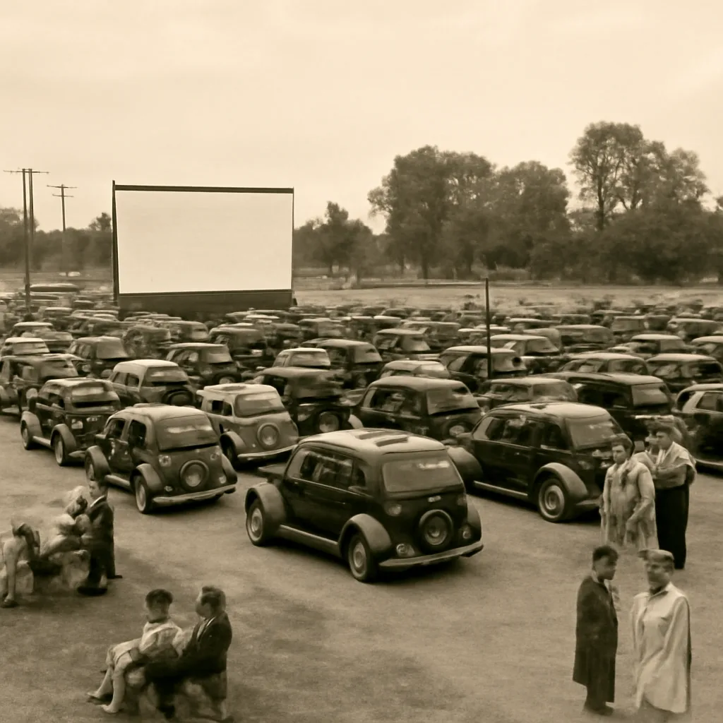 A 1930s outdoor parking lot with rows of automobiles facing a large white projection screen; people stand beside cars in period clothing as a projector setup operates near the screen.