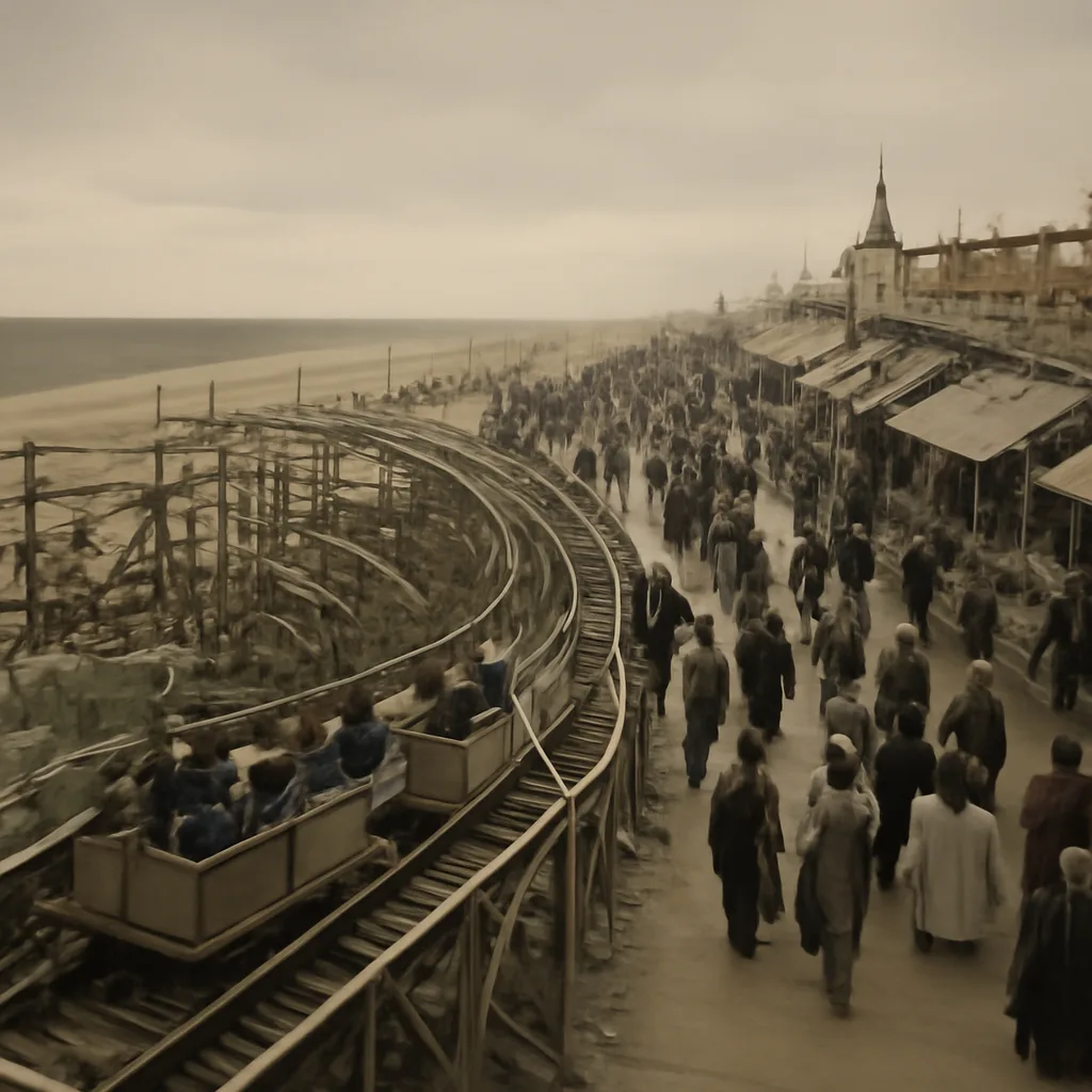 Wooden seaside amusement ride structure and patrons at Coney Island in the 1880s, showing a low wooden track and simple bench cars; period clothing visible but no identifiable faces.