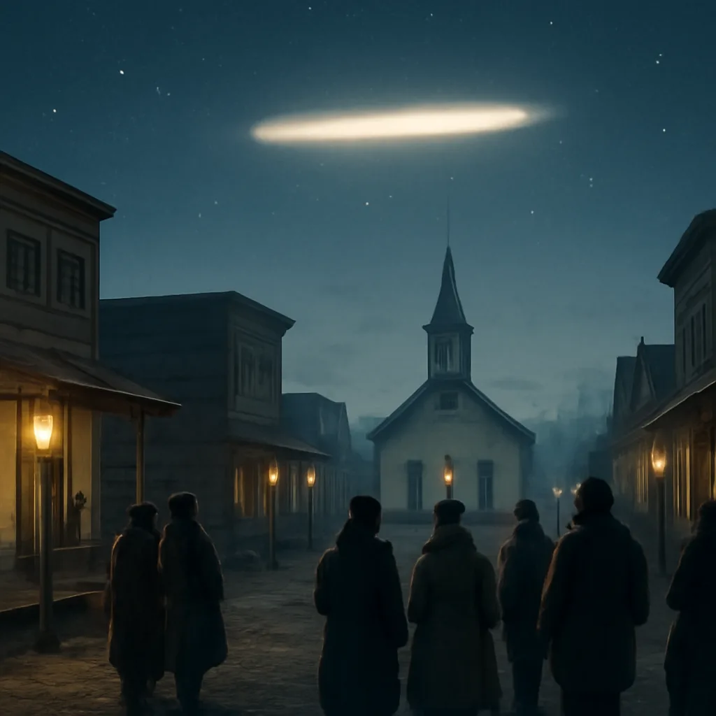 Night sky over a small 19th-century Kansas town with a bright, elongated luminous object moving above low wooden buildings and a church steeple, locals gathered in simple period clothing looking upward.