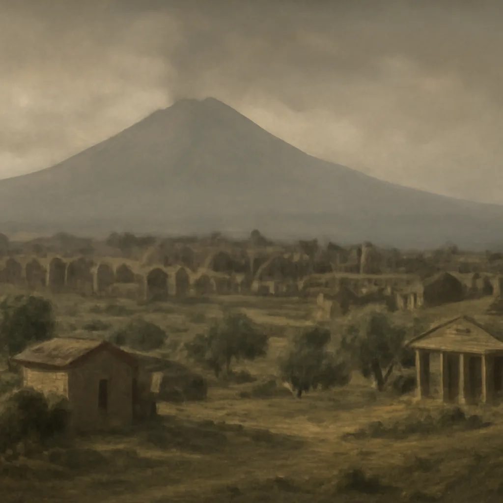 View of Mount Vesuvius from the Bay of Naples with surrounding towns and the archaeological ruins of Pompeii visible in the foreground under overcast sky.