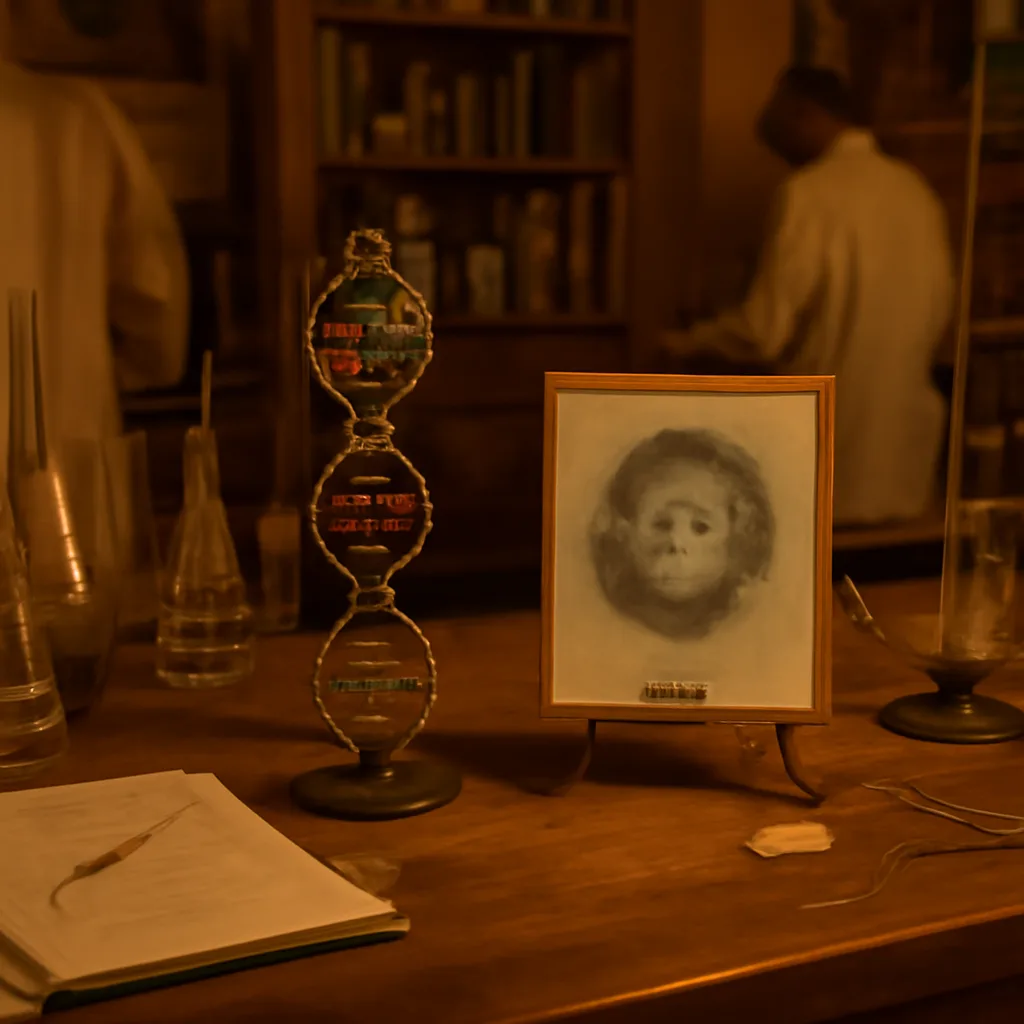 Laboratory bench in early 1950s molecular biology: glassware, notebooks, and an X-ray diffraction photographic plate labeled 'DNA' on a stand, with a model of a double helix made from wire and colored beads (no identifiable faces).