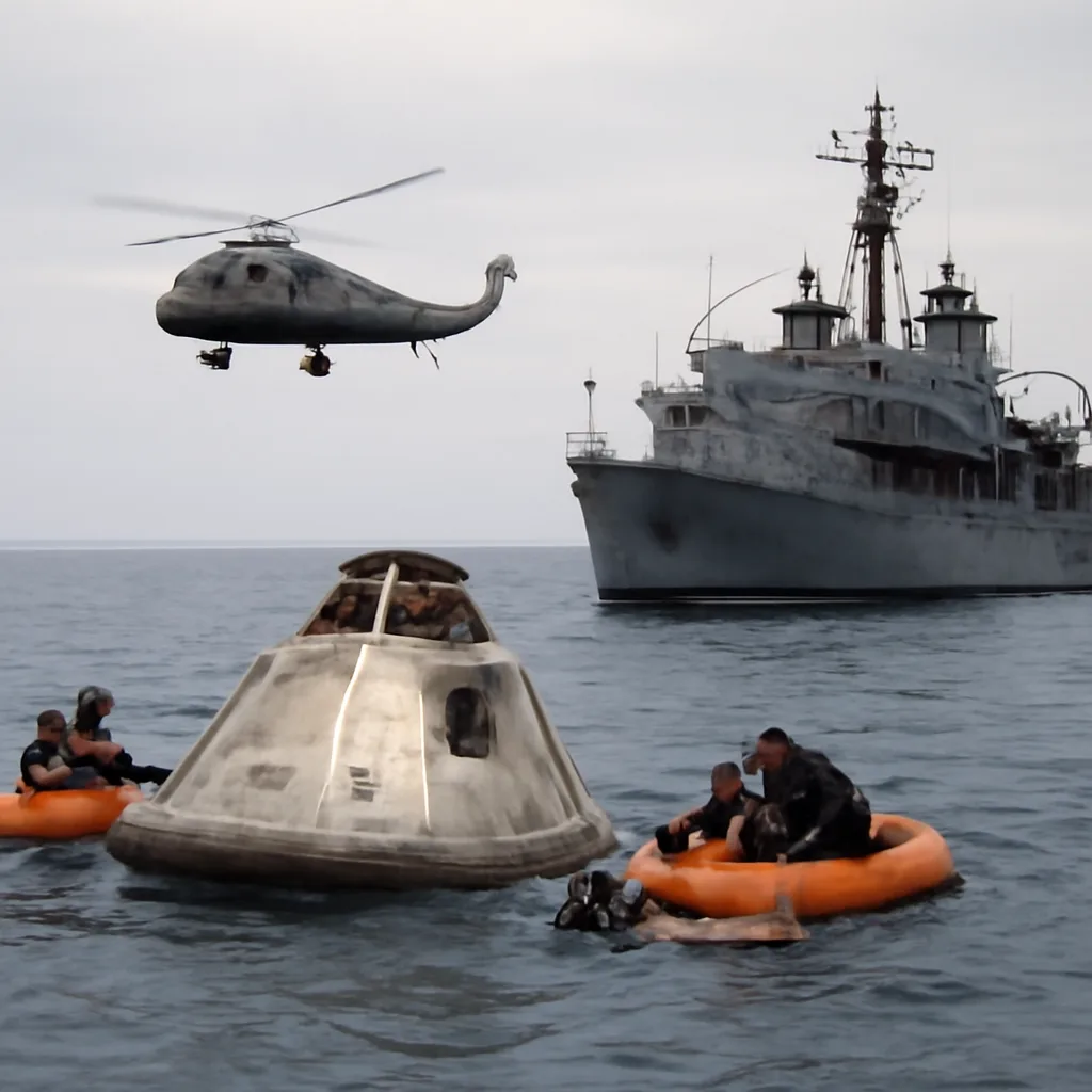 Apollo 11 command module floating in the Pacific with Navy personnel and recovery equipment nearby; open ocean and recovery ship visible.