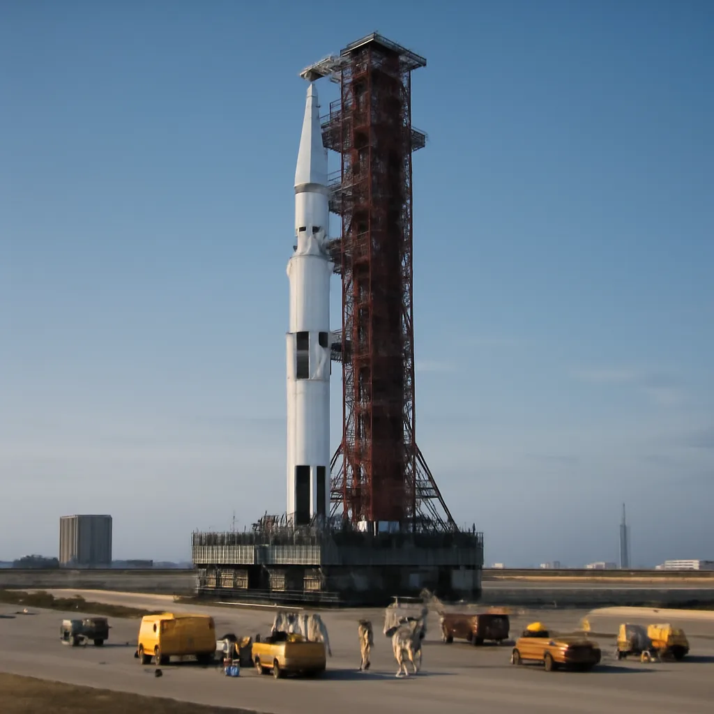Saturn V rocket on the launch pad at Kennedy Space Center prior to Apollo 17 liftoff, with service structures and the launch tower visible under a clear sky.