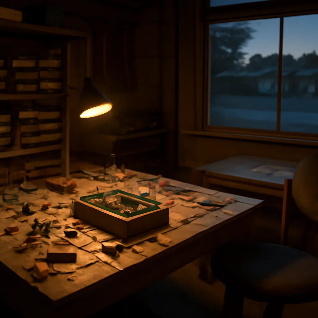 Early 1970s workshop table with electronic components, a single-board computer circuit on a workbench, soldering tools, and cardboard boxes in a modest garage-like room.