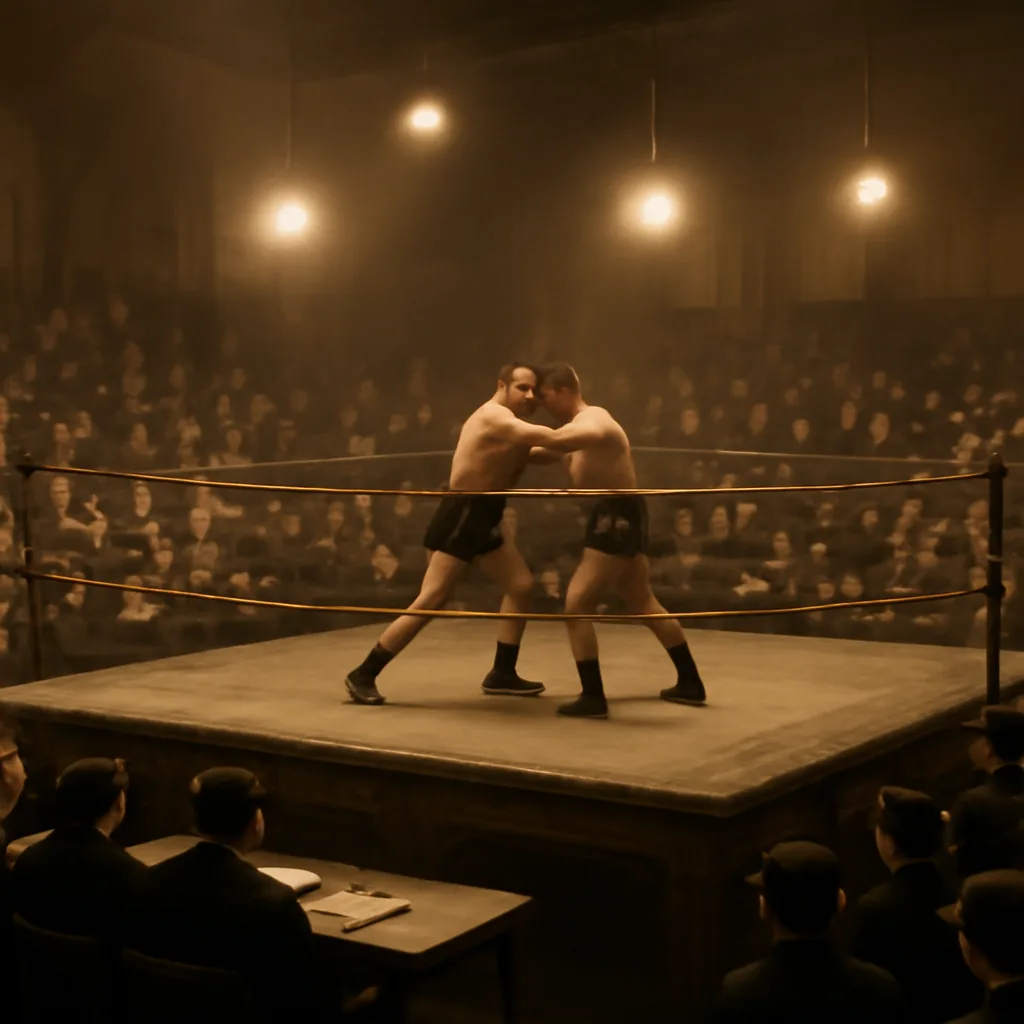 Early 20th-century indoor wrestling arena with a raised ring, spectators in period dress seated on wooden benches, and two wrestlers in simple trunks and long socks grappling under gas or electric lighting.