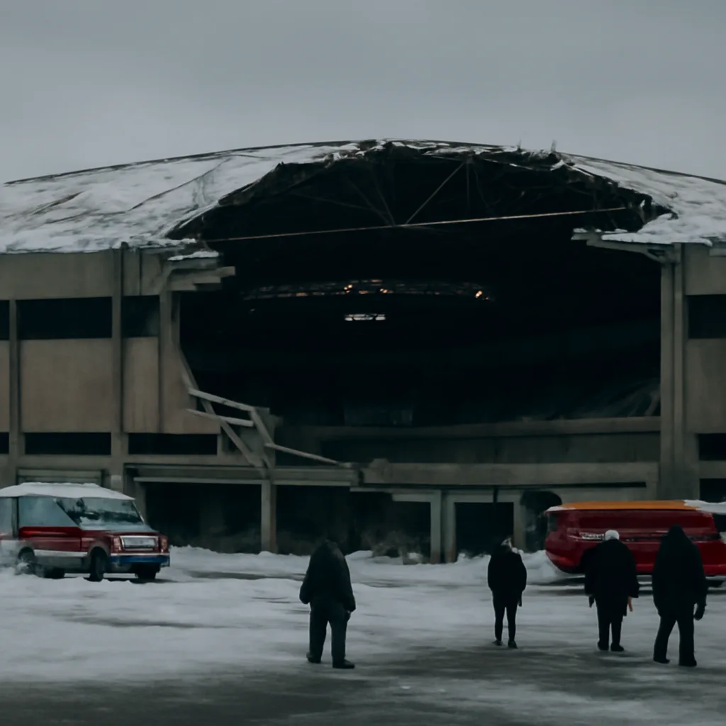 An indoor hockey arena interior with collapsed roof section and debris on seating and concourse; emergency vehicles and responders outside the building.