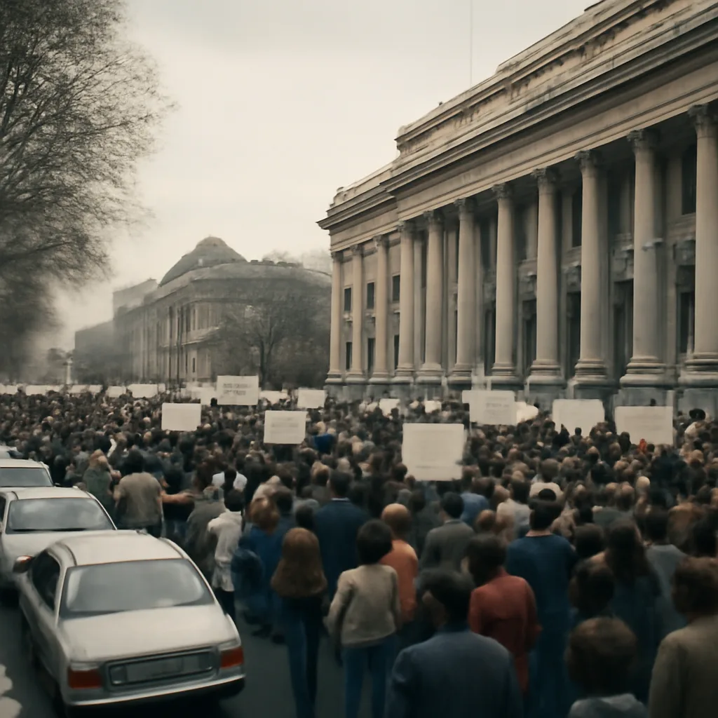 Crowds and banners outside government buildings in early 1980s Buenos Aires during mass protests demanding the end of military rule, with 1980s vehicles and era-appropriate clothing visible.