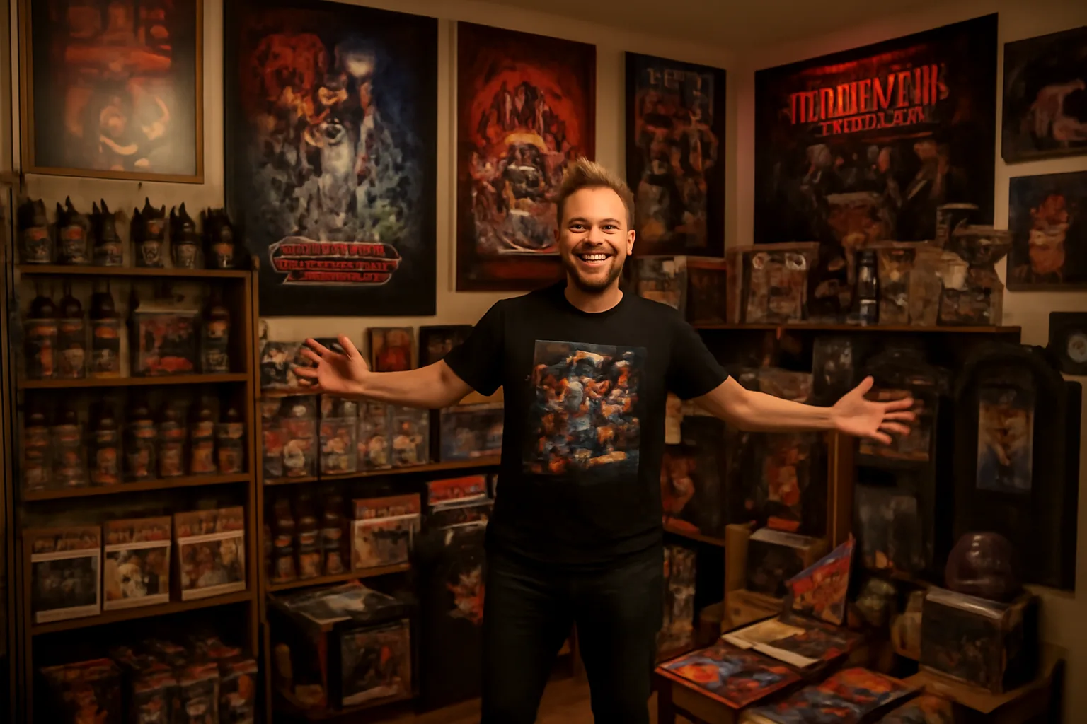 A man in a room filled with thousands of Stranger Things collectible items on shelves and walls