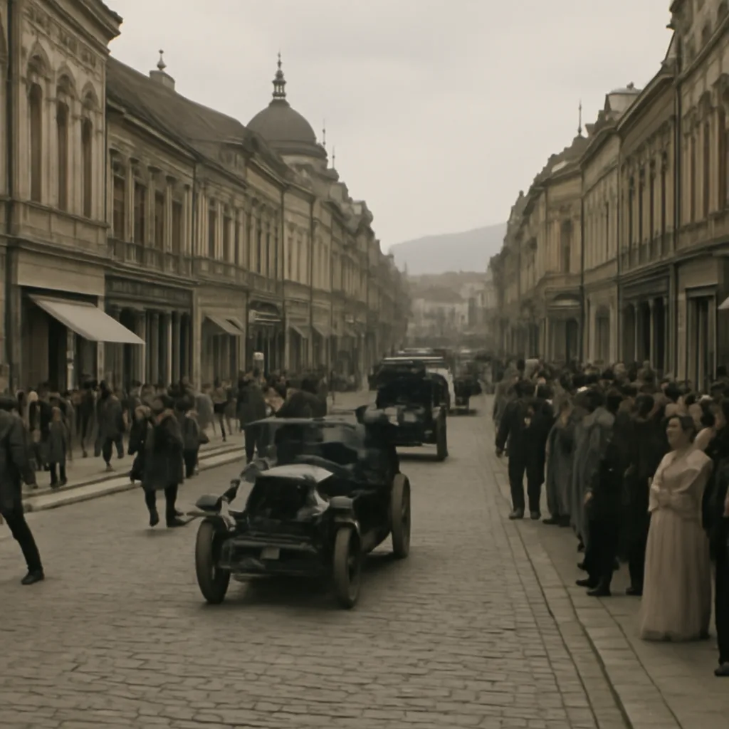 Early 20th-century Sarajevo street with Austro-Hungarian procession vehicles and bystanders, period clothing and architecture visible; scene implies tension following the assassination.