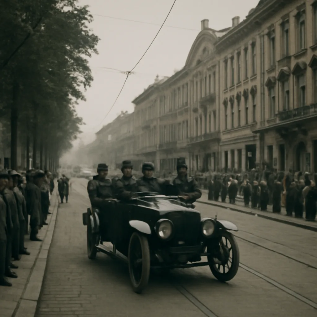 Early 20th-century Sarajevo street scene showing a horse-drawn motorcade on a widened tram-lined street with onlookers; period Austro-Hungarian architecture and shopfronts visible.