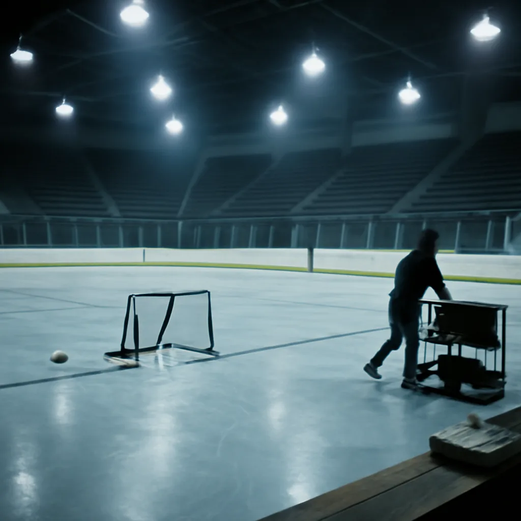 Figure skating practice session at an indoor arena in the 1990s, with an empty ice rink and maintenance staff near the boards; no identifiable faces.