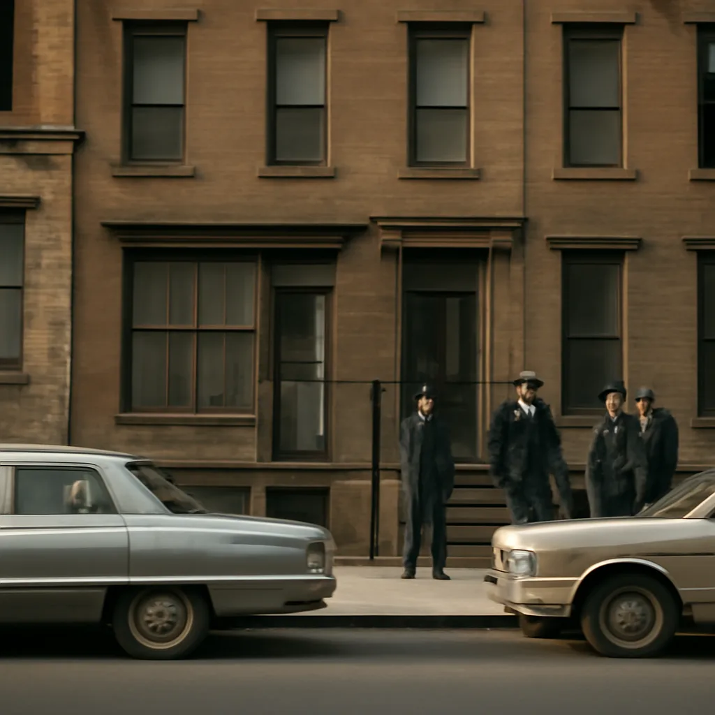 Exterior view of a 1960s New York brownstone building and a modest studio entrance at street level, late afternoon; police officers and a few bystanders stand on the sidewalk with vintage cars parked nearby.