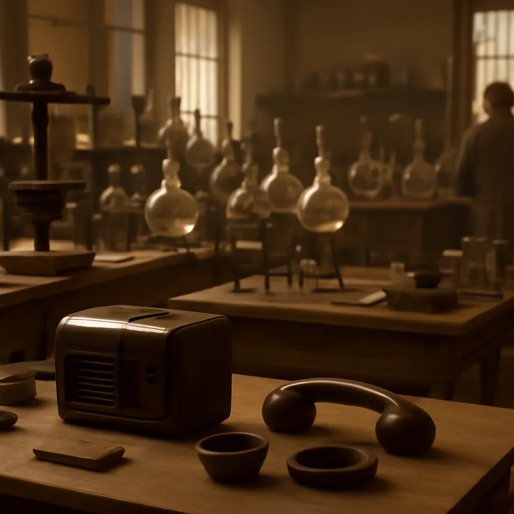 Early 20th-century laboratory bench with glassware, heating apparatus, and a finished Bakelite radio casing and small molded Bakelite objects on a wooden table.