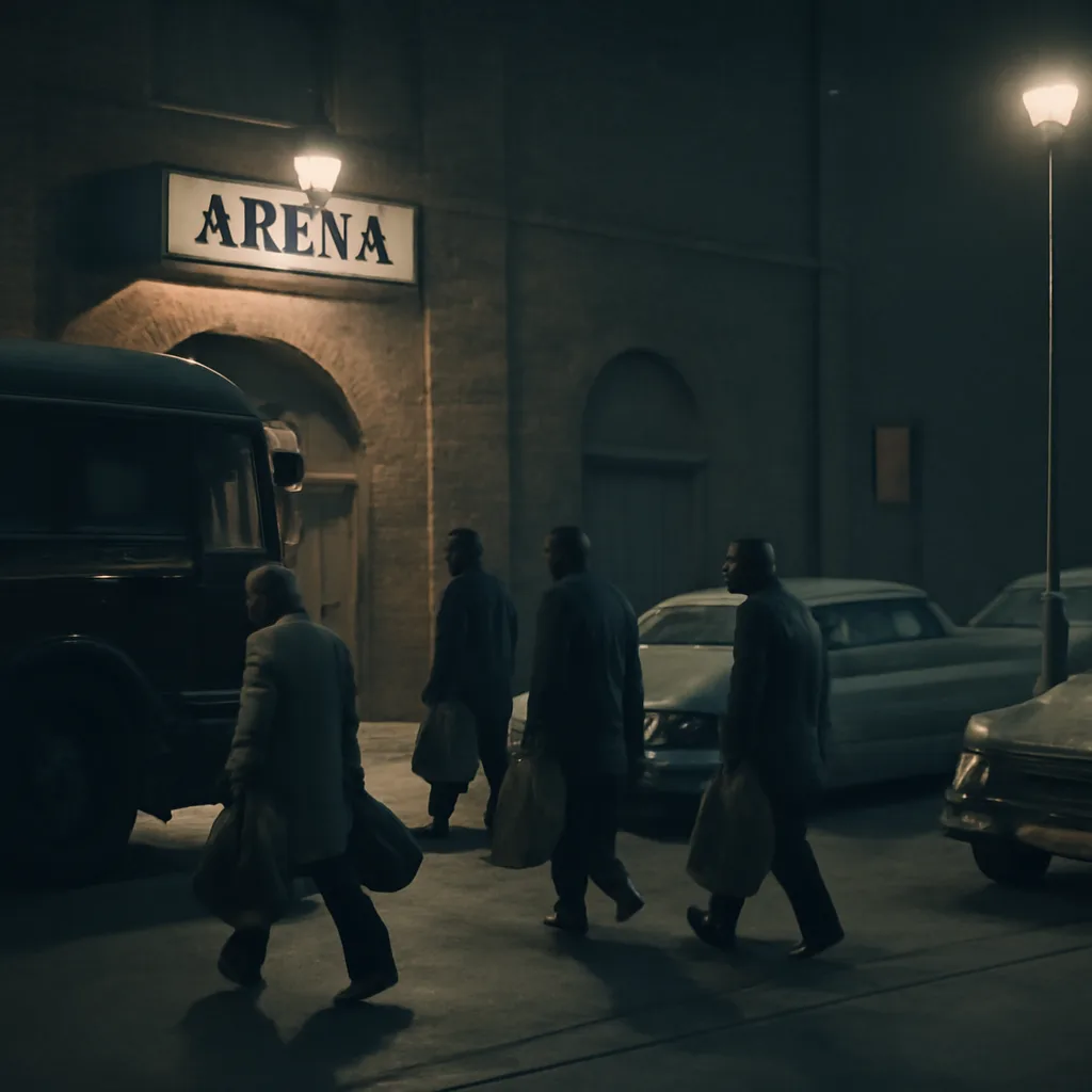 1950s basketball arena exterior and team bus near night; period cars and signage, no identifiable faces.