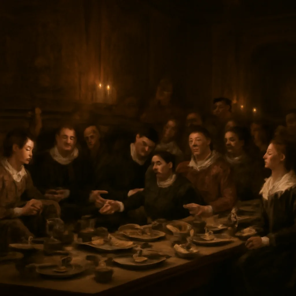 A wide interior of a late 16th-century Mantuan banquet hall with long tables, servants, and nobles in period clothing; some guests appear ill or attended by medics, candlelight illuminating tapestries and tableware.