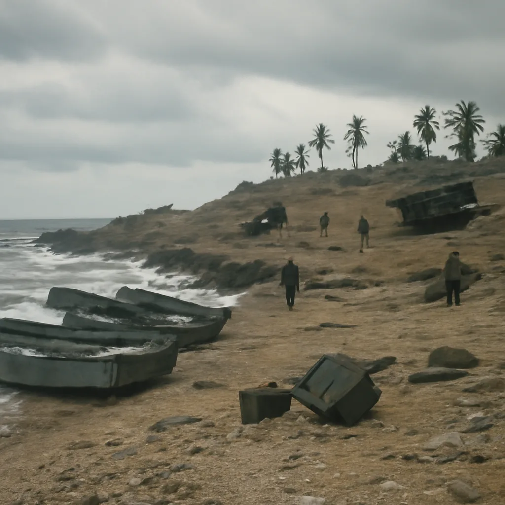 Coastal landing site at Cuba’s Bay of Pigs with small boats on a rocky shore, Cuban military vehicles and defensive positions inland, cloudy sky.