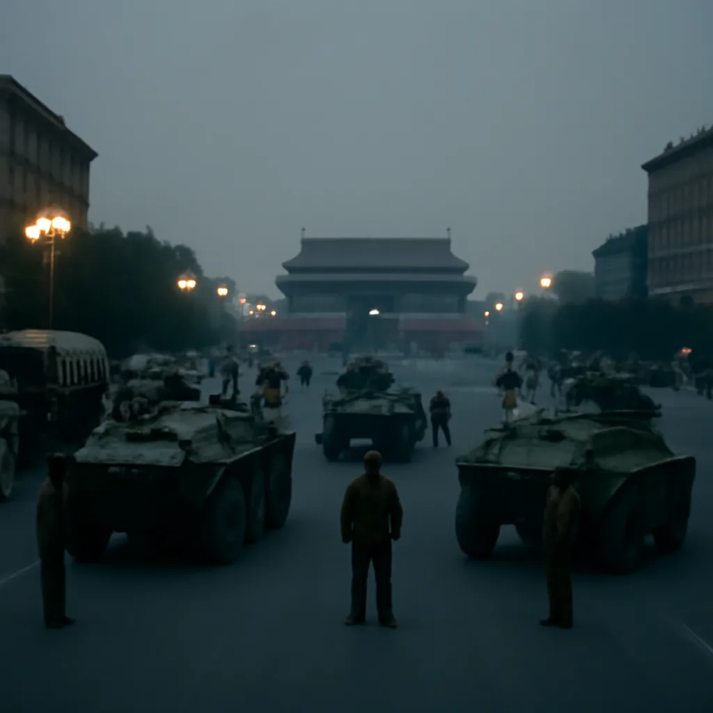 Tiananmen Square area blocked by military vehicles and troops on wide city streets with crowds dispersed; banners and flags absent, evening lighting, no identifiable faces.