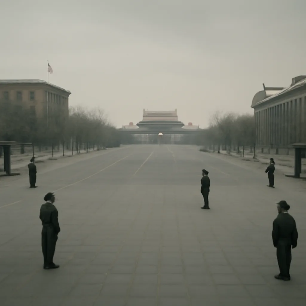 Tiananmen Square area in 1989 with blanked public spaces, uniformed security presence, and closed newspaper kiosks, conveying tightened controls after the crackdown.