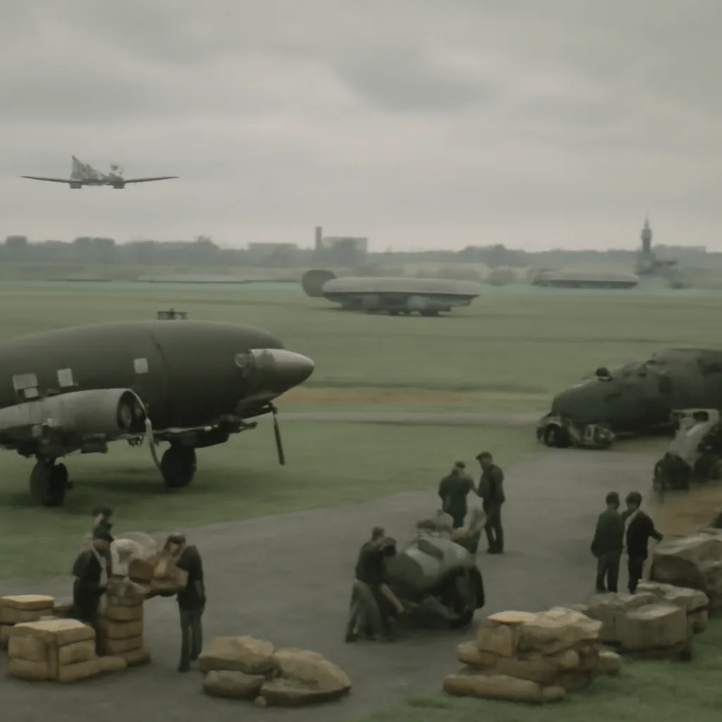 Allied transport aircraft lined up and landing at a West Berlin airfield in summer 1948, with ground crews unloading supplies and cargo vehicles waiting nearby.