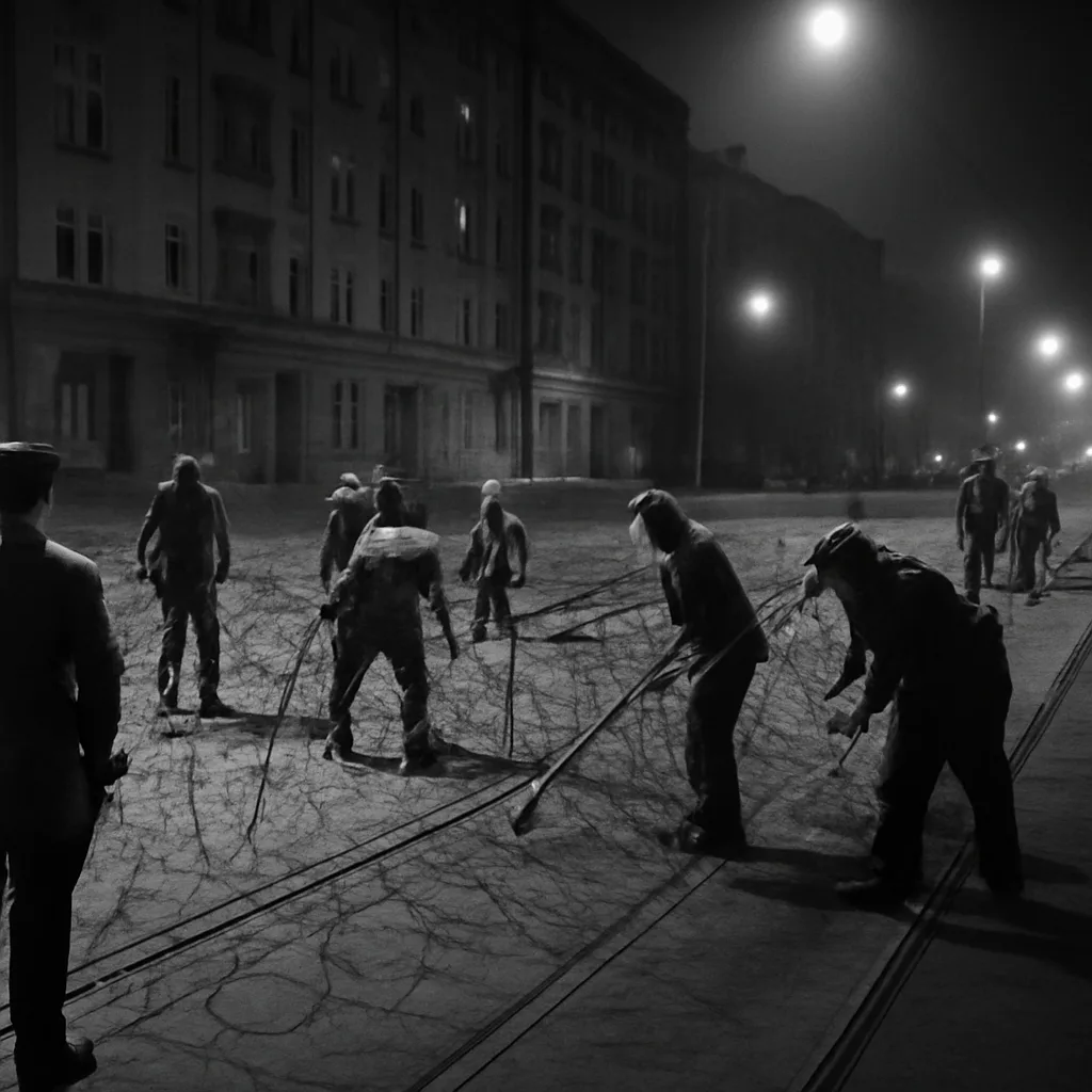 A nighttime scene of East Berlin streets being sealed in August 1961: soldiers and workers installing barbed wire across a street, nearby tram tracks and prewar buildings visible, dim streetlights and a tense atmosphere.