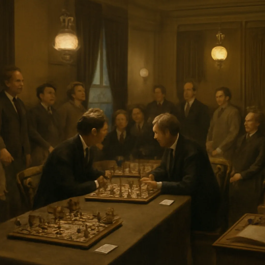 Late 19th-century chess scene in a salon with a long table, spectators in period dress, chessboards and scoresheets, gas lamps and era-appropriate furnishings.